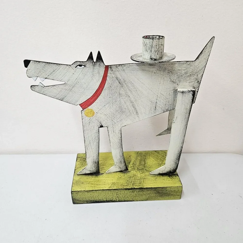 Vintage Art Acme Animal Dog Wolf Candle‎ Holder Signed Canada